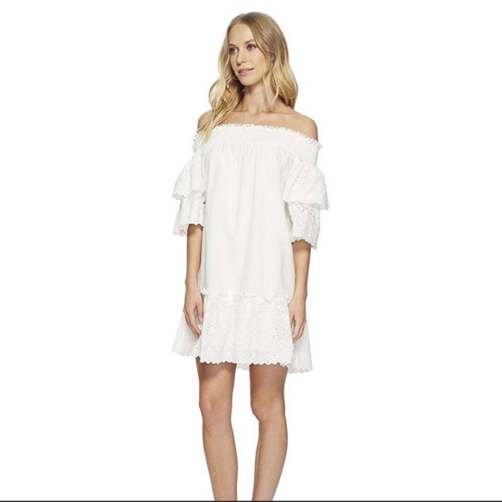 J.O.A. Off the Shoulder Eyelet Lace White Mini Dress Size Small